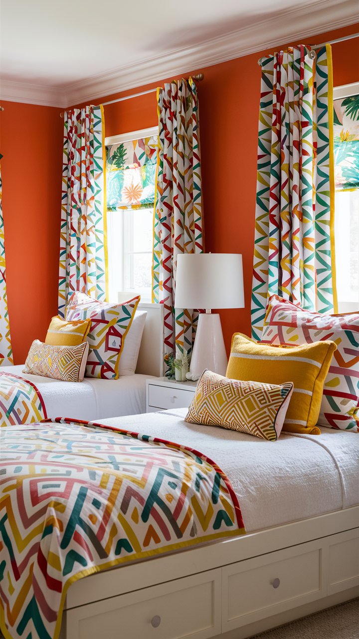  A bright, playful bedroom with tangerine walls and white furniture. Geometric patterns on throw pillows and curtains add a modern touch, while pops of yellow and green bring in a tropical vibe. The result is vibrant and youthful, perfect for energizing the space.

Orange bedrooms for kids, orange bedroom decor, orange yellow turquoise bedroom, tangerine bedroom ideas, tangerine bedroom walls, tangerine bedroom decor, tangerine and teal bedroom, green and tangerine bedroom, white and tangerine bedroom, orange bedroom aesthetic, tangerine orange bedroom design