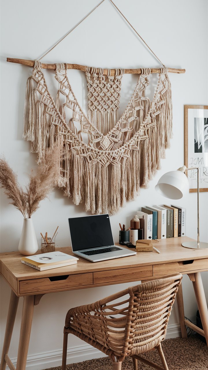 Above the desk, a large macramé wall hanging in natural cotton adds a touch of bohemian charm. The intricate knots and fringes create a cozy, handmade aesthetic that softens the workspace’s lines.