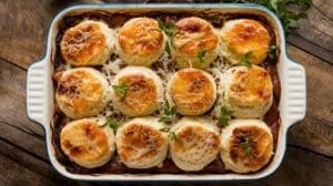 A Chicken Biscuit Casserole fills the dish with twelve golden-brown, cheese-topped biscuits baked on a savory filling and garnished with fresh herbs, all set atop a rustic wooden table.