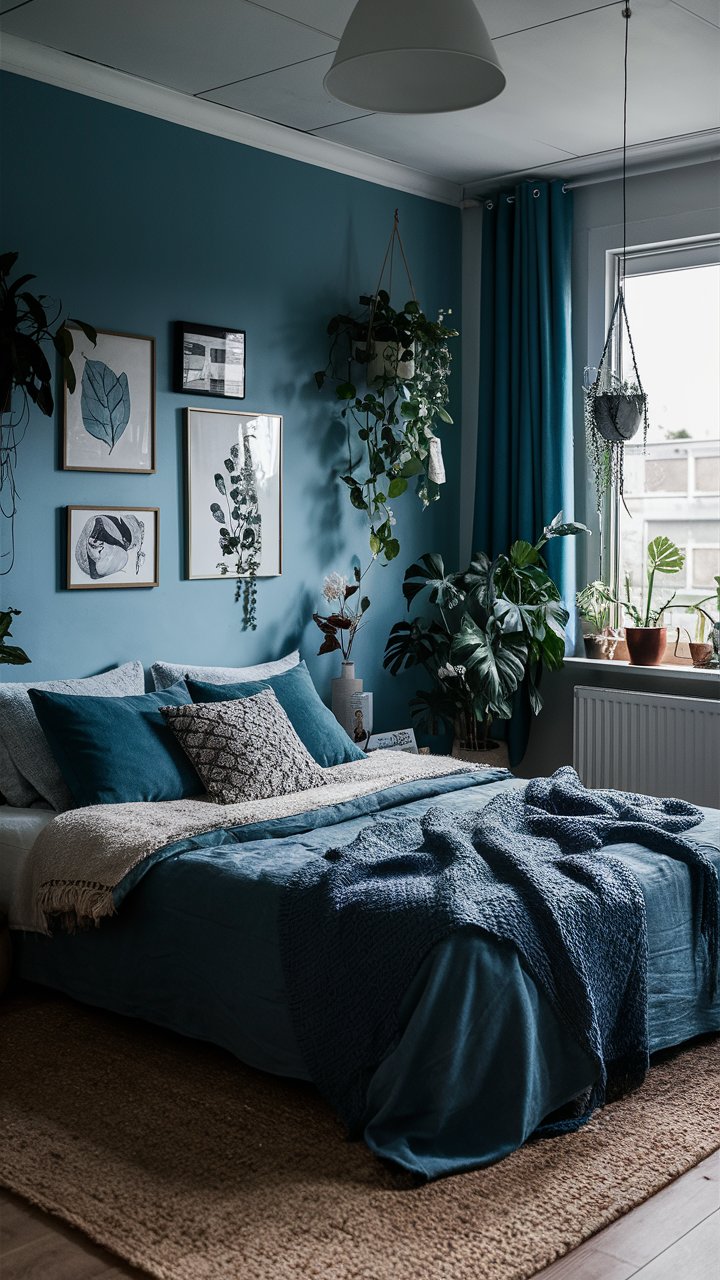 This cozy boho-inspired room is a perfect blend of blue and gray, creating a calm vibe. The plants and art pieces add a nice touch, making it feel alive and welcoming. It's a great space to unwind and enjoy some quiet time.

Boho bedroom for teens, gray blue bedrooms, boho decor, blue and gray master suite, bedroom refresh ideas, dark blue wall paint