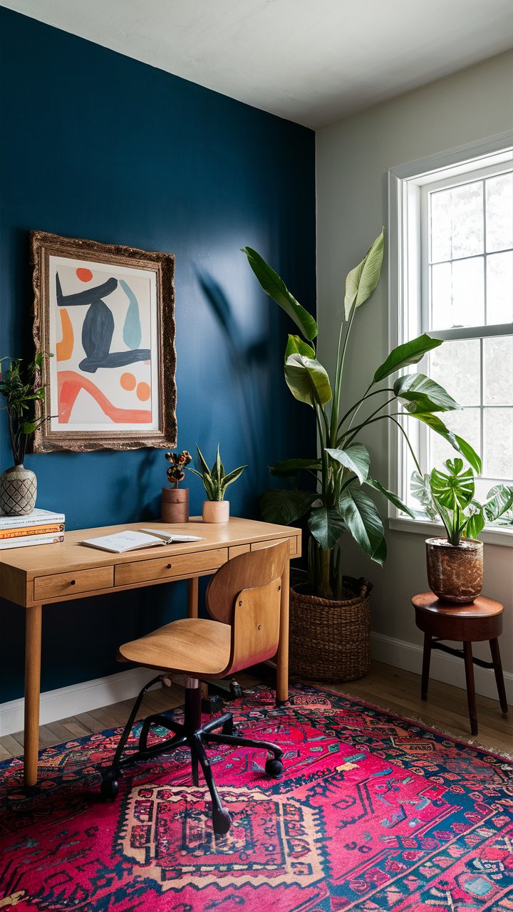 Blue boho office in a cozy little room is big on personality and brings in lots of natural light.  Perfect for a home office.