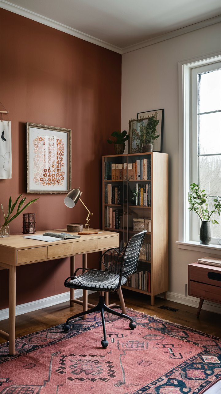 Tiny boho home office with terracotta accent wall, natural wood desk, bookcase and vintage frames on wall.

Boho office ideas for small spaces, rust colored rooms, burnt orange wall paint.