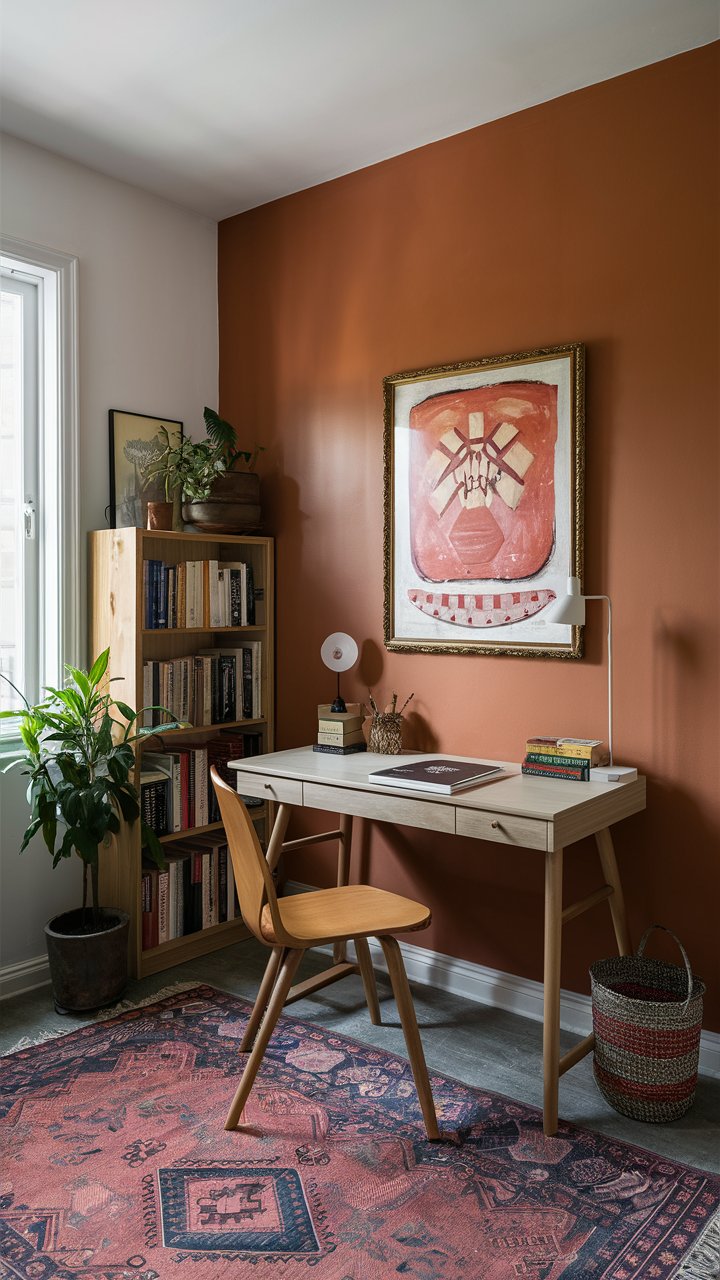 Terracotta accent wall in this lovely boho office space. Vintage details and a boho style rug and bookcase add to the charm.