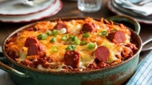 A Chili Cheese Dog Casserole dish filled with baked pasta, melted cheese, sliced sausages, tomato sauce, and chopped green onions sits on a table with plates and utensils in the background.