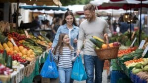 A smiling family of three shops for fresh fruits and vegetables at an outdoor market, embracing eco-friendly parenting as they carry a basket, bag of produce, and two blue reusable bags.
