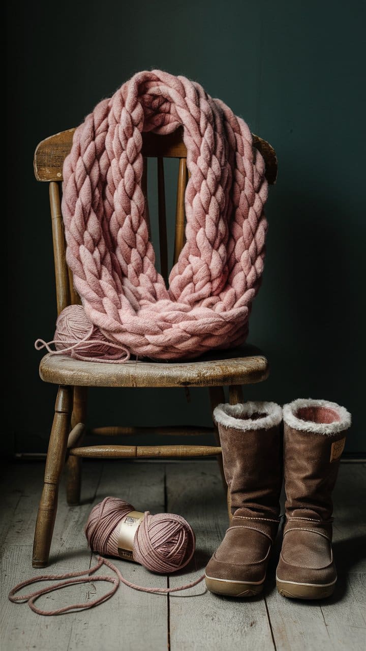 A chunky, blush-colored infinity scarf draped over a rustic wooden chair, with a skein of yarn and cozy winter boots nearby.

We are SO in love with these gorgeous DIY chunky infinity scarves.  They are very easy to finger knit (or arm knit) and are sure to sell like hotcakes online or at you local artist market or craft fair.