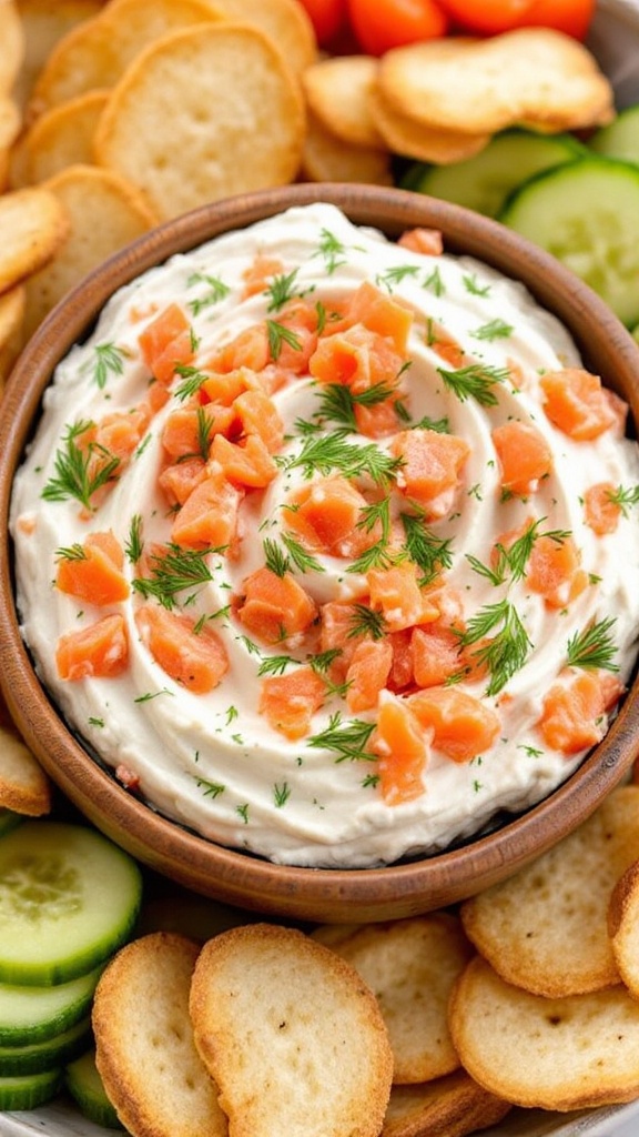 This creamy, smoky dip combines chopped smoked salmon with cream cheese, fresh dill, capers, and a squeeze of lemon. Serve with bagel chips or sliced cucumbers for a light and refreshing option.