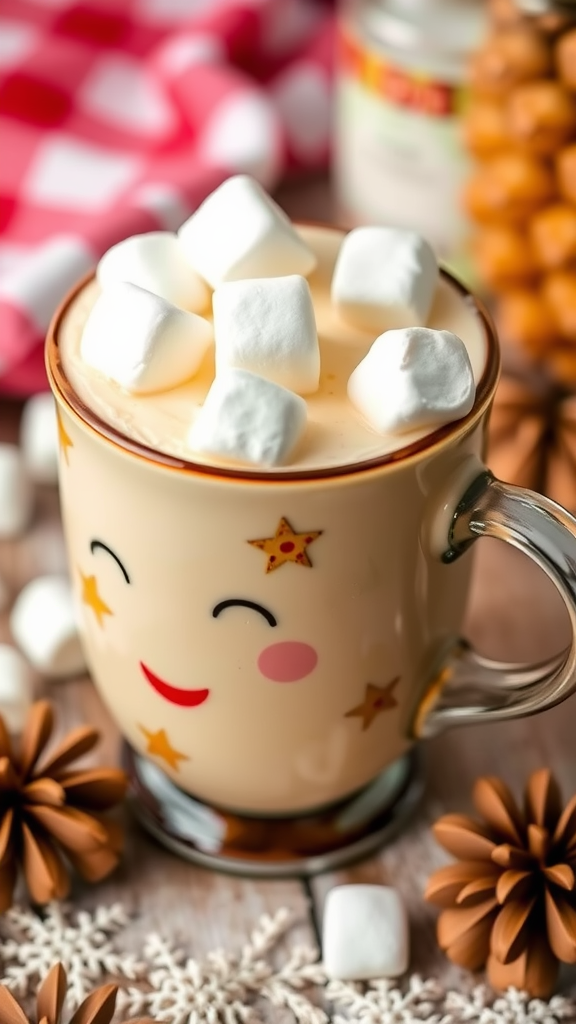 A cheerful mug of pineapple rum hot chocolate topped with marshmallows, surrounded by pineapple and white sugar cubes.