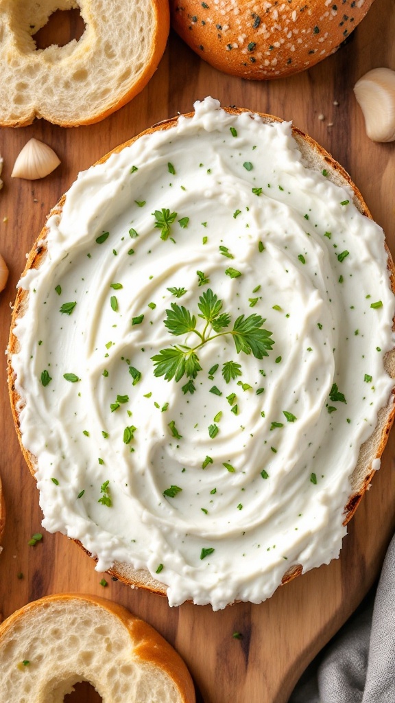 A toasted bagel half topped with garlic and herb cream cheese spread, garnished with fresh herbs.

You can also spread this cold dip on bagel or pita chips and it's wonderful.  Cold party dips, make ahead dips, easy to make cold dips.