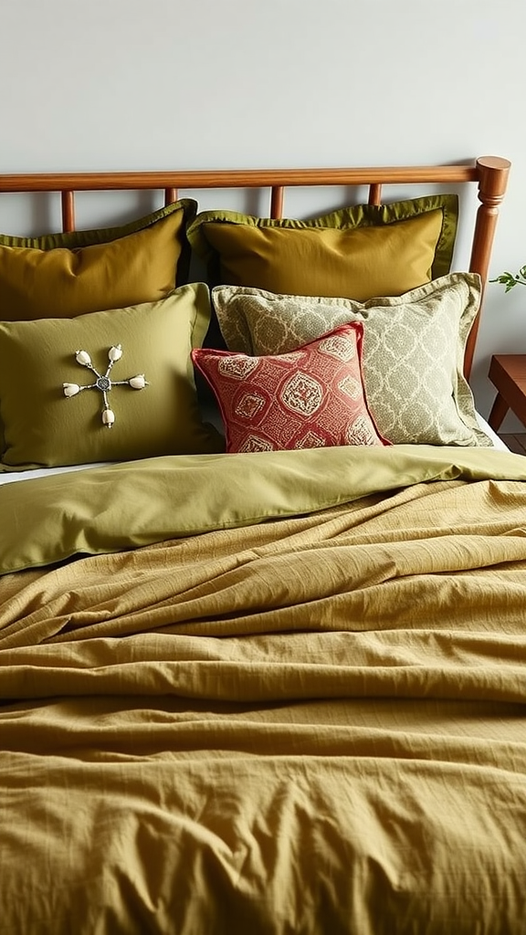 A cozy bed with olive green bedding and patterned pillows.