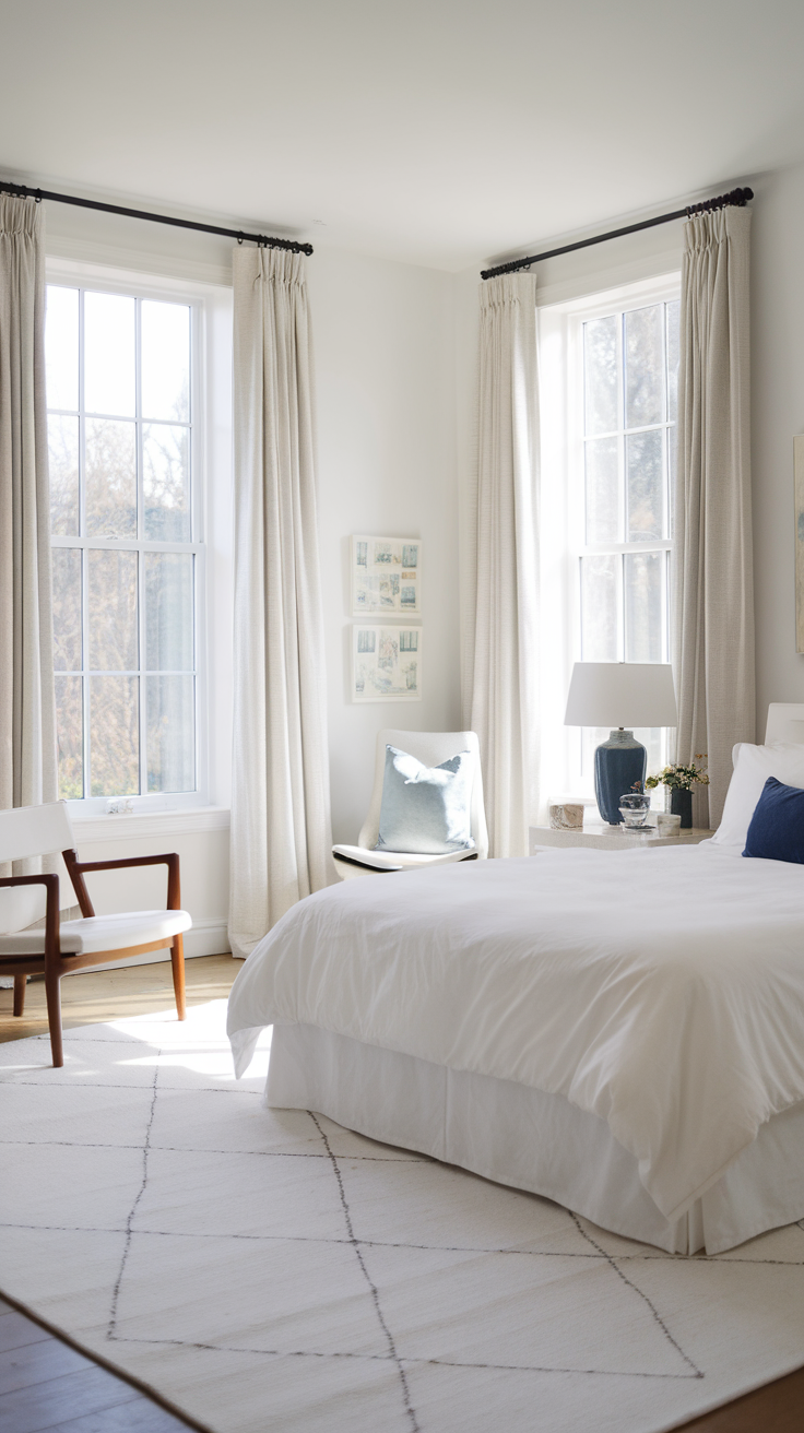 A bright and minimal bedroom with large windows, white curtains, and simple decor.