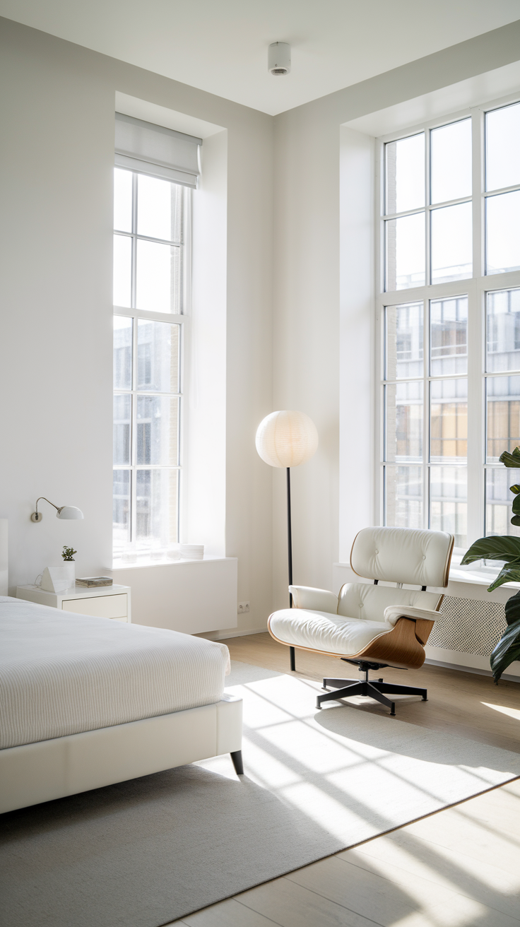 A sleek and minimalist bedroom featuring a wooden bed, white furniture, plants, and large windows.