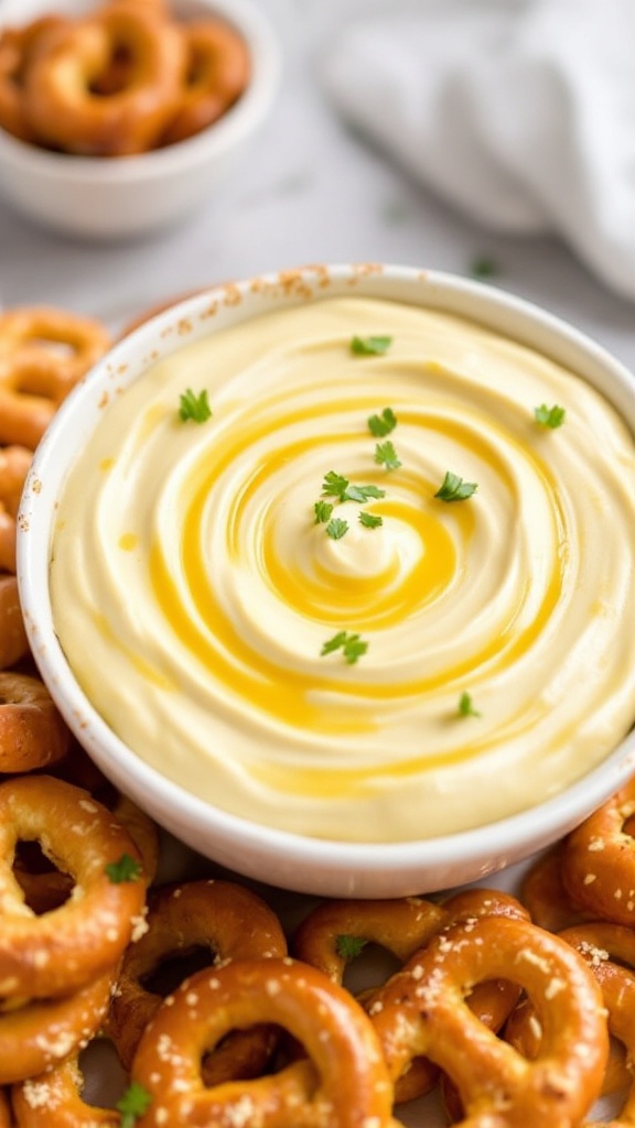 A creamy honey mustard dip in a bowl surrounded by crispy pretzels, garnished with herbs.