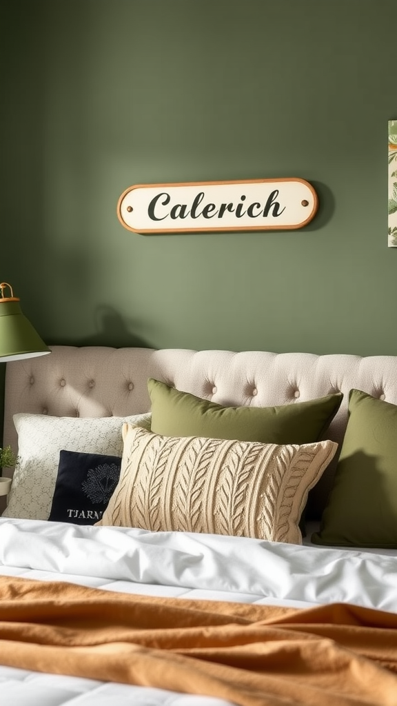 Cozy bedroom with olive green decor and personalized pillows