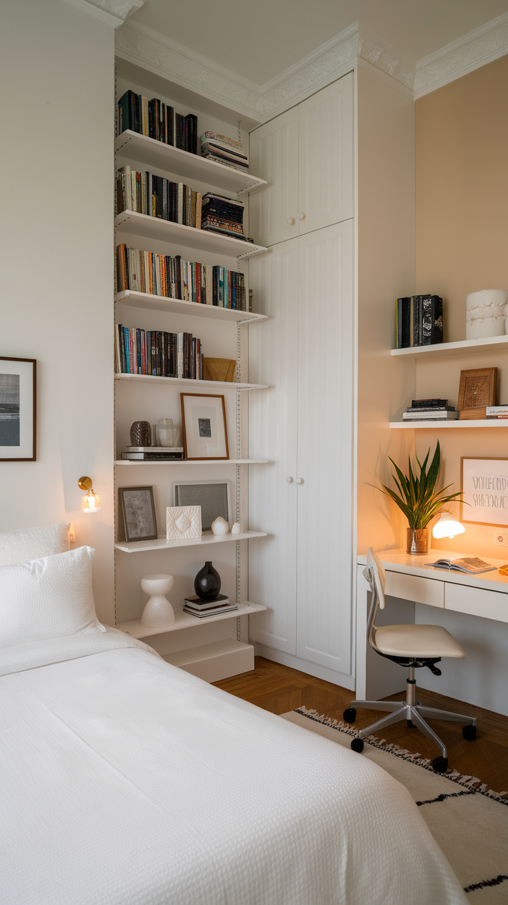 A modern bedroom featuring white storage shelves and cabinets with a cozy bed.