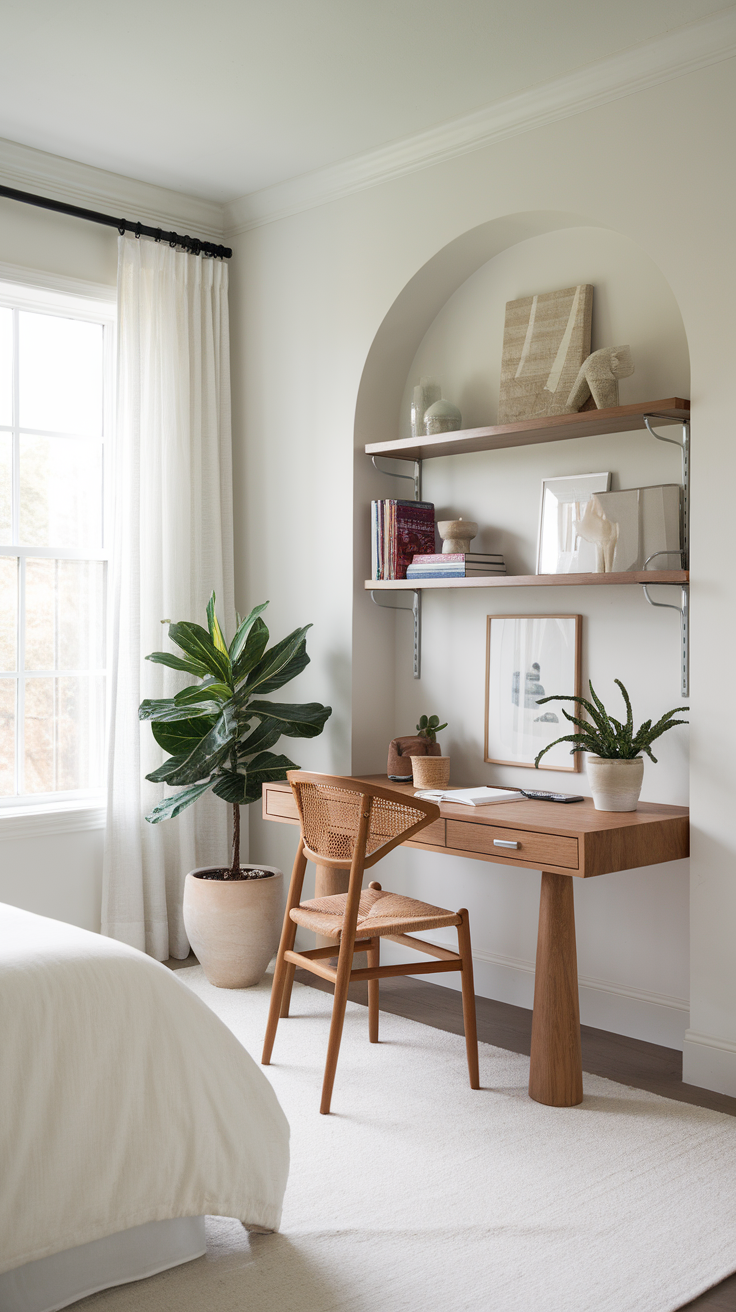 A cozy workspace corner in a modern bedroom featuring a wooden desk, plants, and minimal decor.