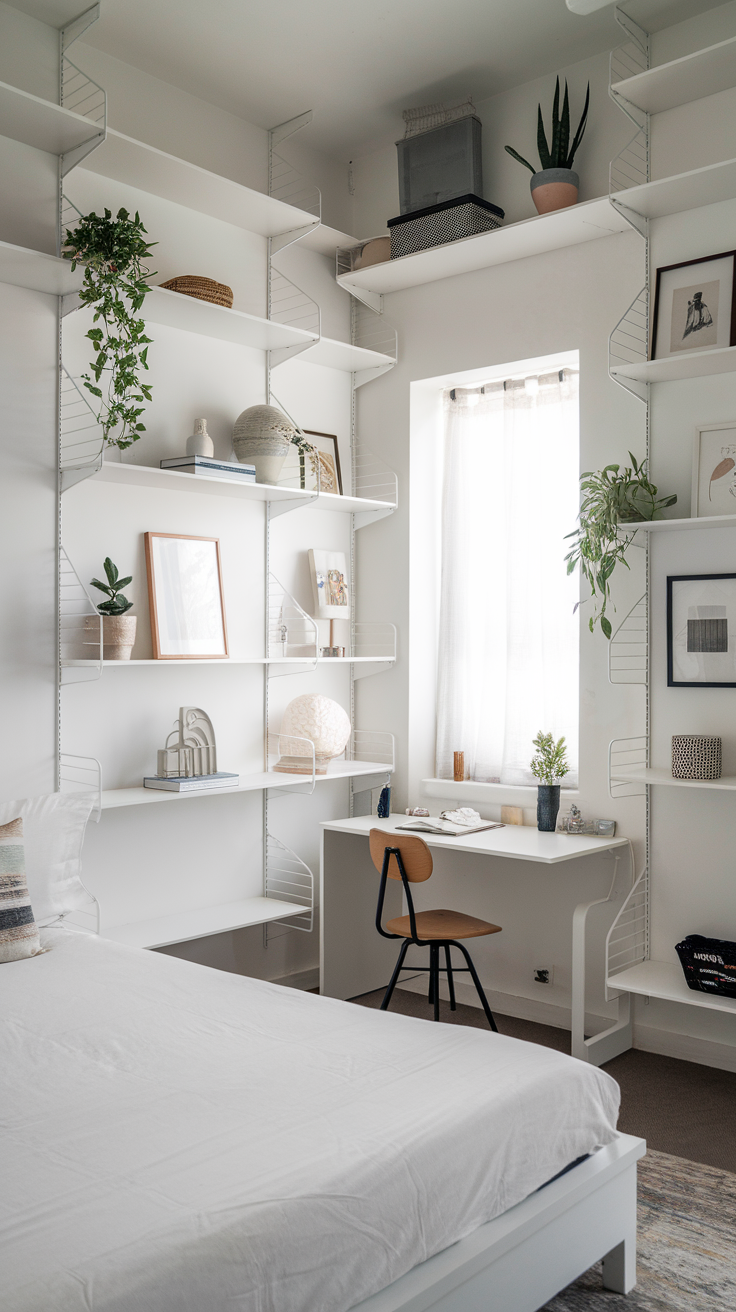 A cozy modern bedroom with tall white bookshelves, a ladder, and a neatly made bed.