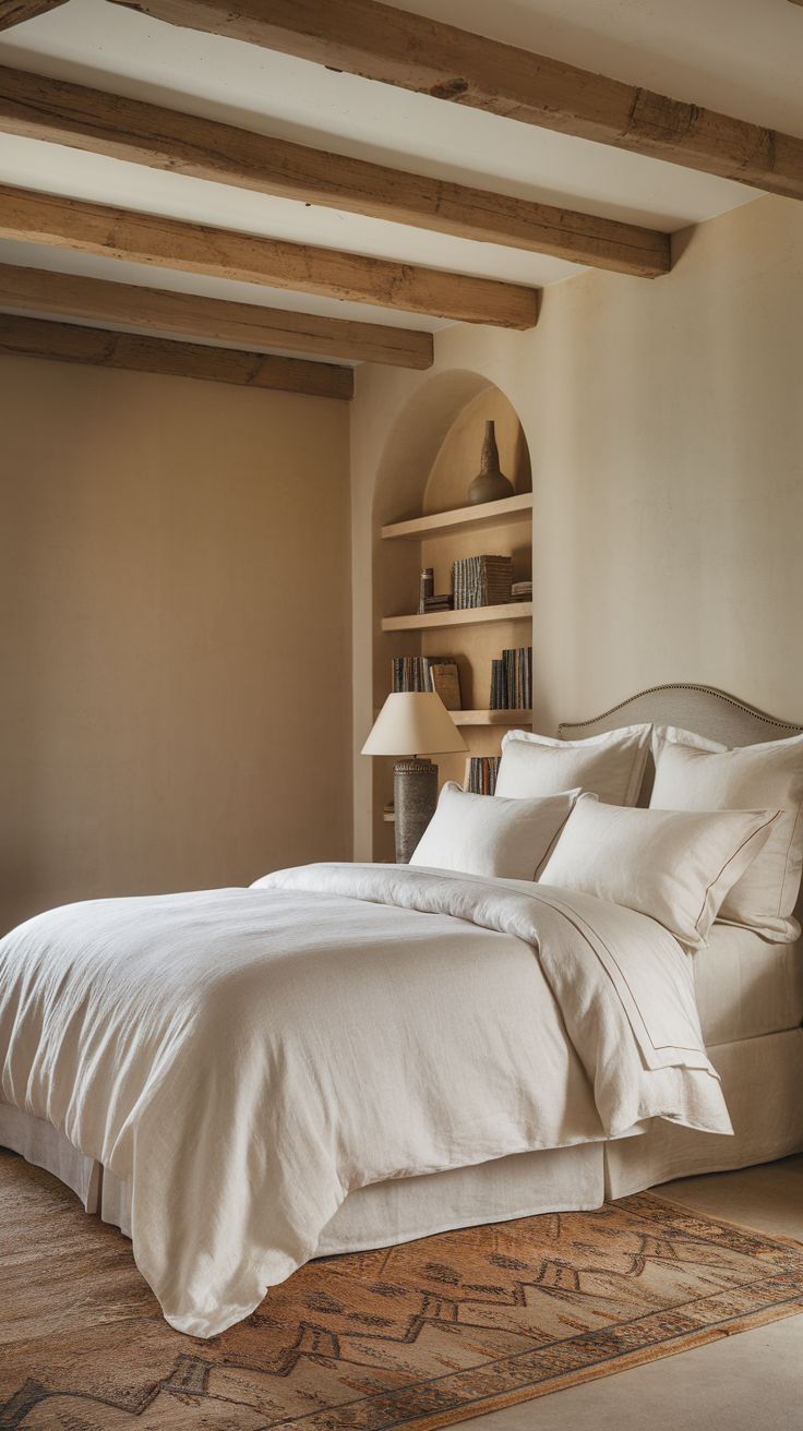 A cozy bedroom with white linen bedding, wooden beams, and a warm color palette.