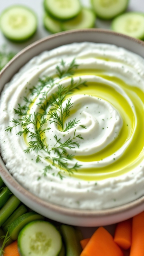 A creamy cucumber dill yogurt dip in a bowl, garnished with olive oil and dill, surrounded by fresh vegetables.