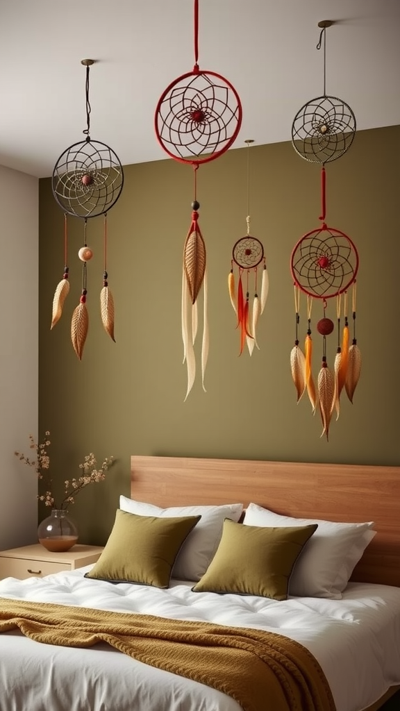 A cozy bedroom featuring multiple dreamcatchers hanging from the ceiling above a neatly made bed.