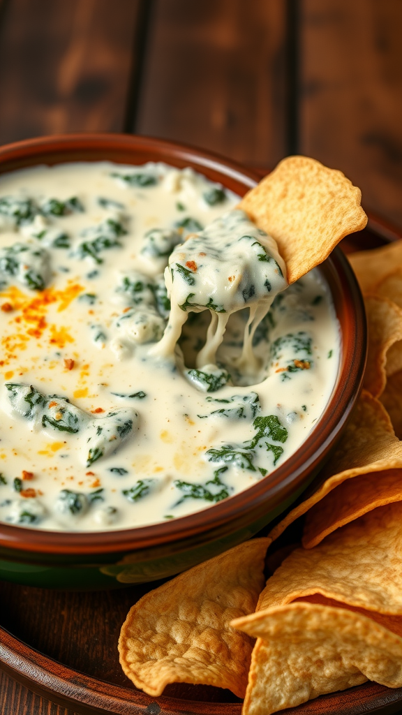 A creamy spinach and artichoke dip in a bowl with tortilla chips on a wooden table.