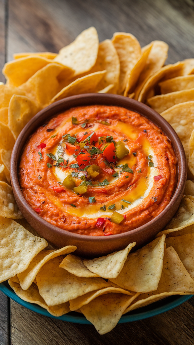 Warm and creamy hot pepper cheese dip garnished with herbs, served with tortilla chips.