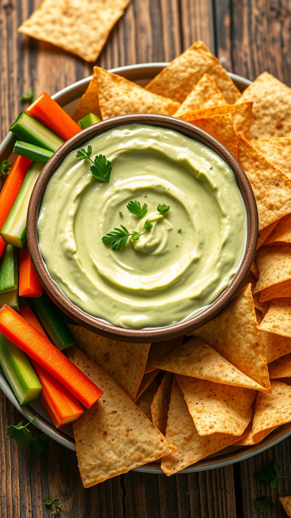 A bowl of creamy avocado and yogurt dip with vegetable sticks and tortilla chips on a wooden table.