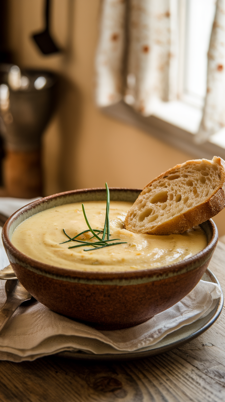 A bowl of creamy Irish potato soup with chives on a wooden table, accompanied by a slice of bread.