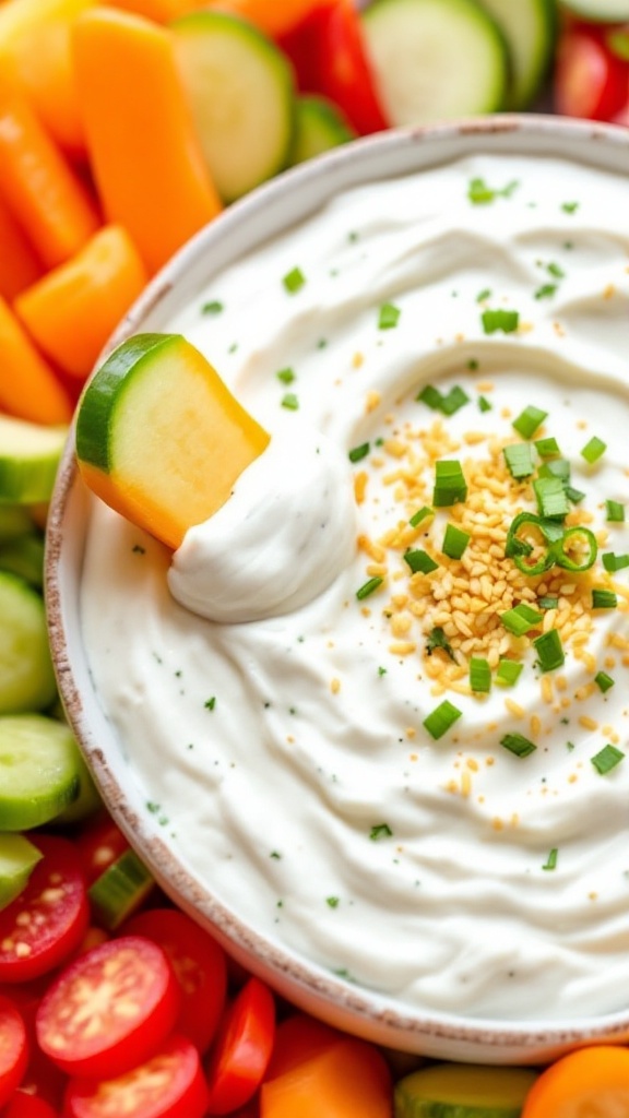 A creamy ranch-style yogurt dip in a bowl, surrounded by colorful fresh vegetables like cucumbers, tomatoes, and bell peppers.