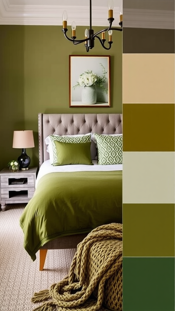 A stylish bedroom featuring olive green decor with a color palette.