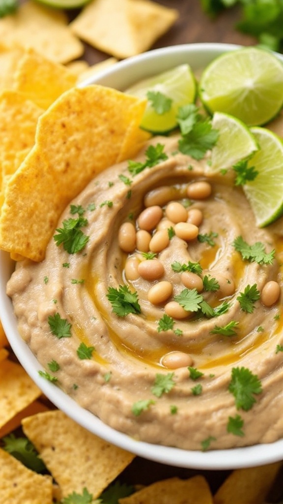 A bowl of cilantro lime bean dip topped with pine nuts and cilantro, surrounded by tortilla chips and lime wedges.