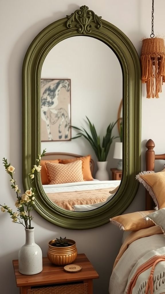 A vintage mirror with an olive green frame reflecting a cozy bedroom setting.