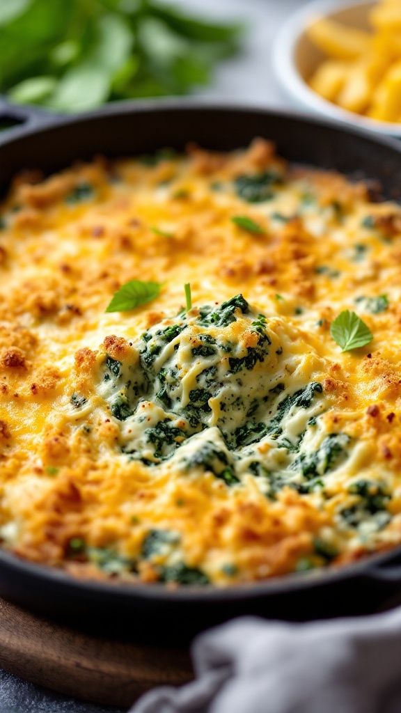 A creamy cheesy spinach dip with a crispy topping served in a skillet, with a hand holding a chip ready to scoop