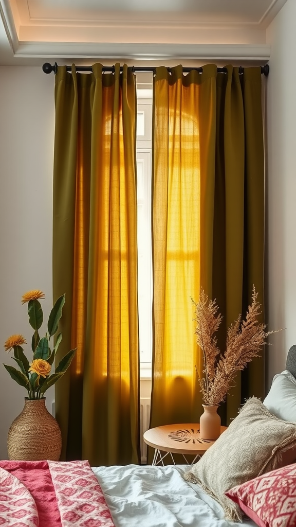 A cozy bedroom with olive green curtains allowing soft light to filter in, complemented by plants and decorative elements.