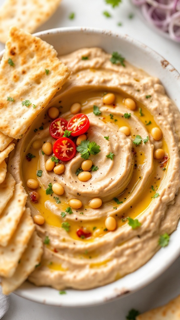 Bowl of Mediterranean white bean dip with pita chips, topped with pine nuts and cherry tomatoes.