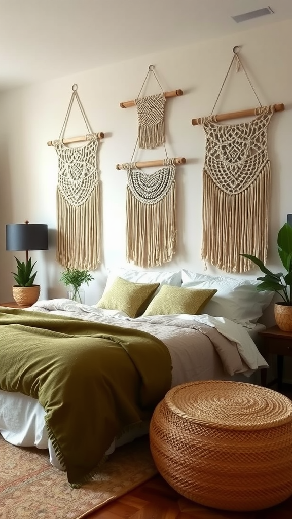 A bedroom featuring macrame wall hangings in olive tones, with soft bedding and natural decor.