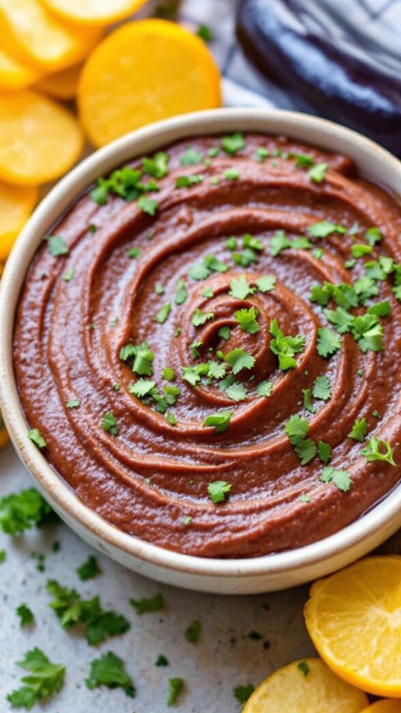 A bowl of lentil and herb dip surrounded by fresh vegetables like carrots, cucumbers, and cherry tomatoes