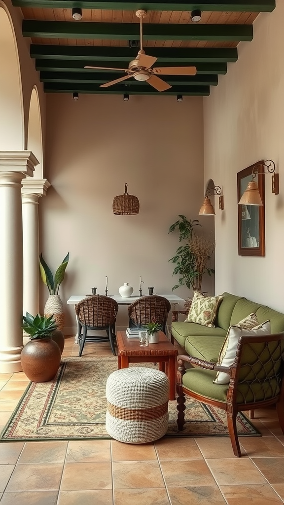 Cozy living area featuring olive green sofas, wooden furniture, and decorative plants.