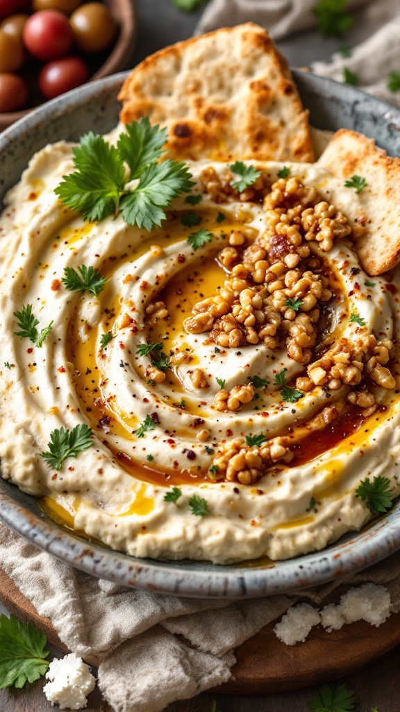 A bowl of savory walnut and feta dip garnished with herbs and served with pita bread.