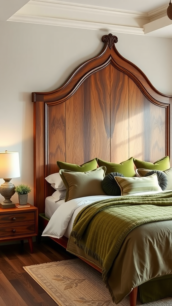 A beautifully crafted wooden headboard with olive green accents, complemented by a cozy bedding arrangement.