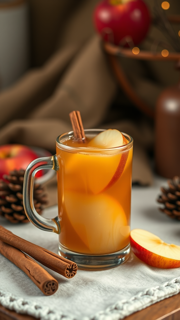 A warm glass of apple cider with cinnamon sticks and fresh apple slices, surrounded by pine cones.