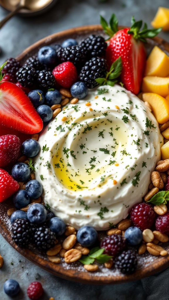 A bowl of herbed ricotta topped with honey surrounded by colorful fruits and nuts