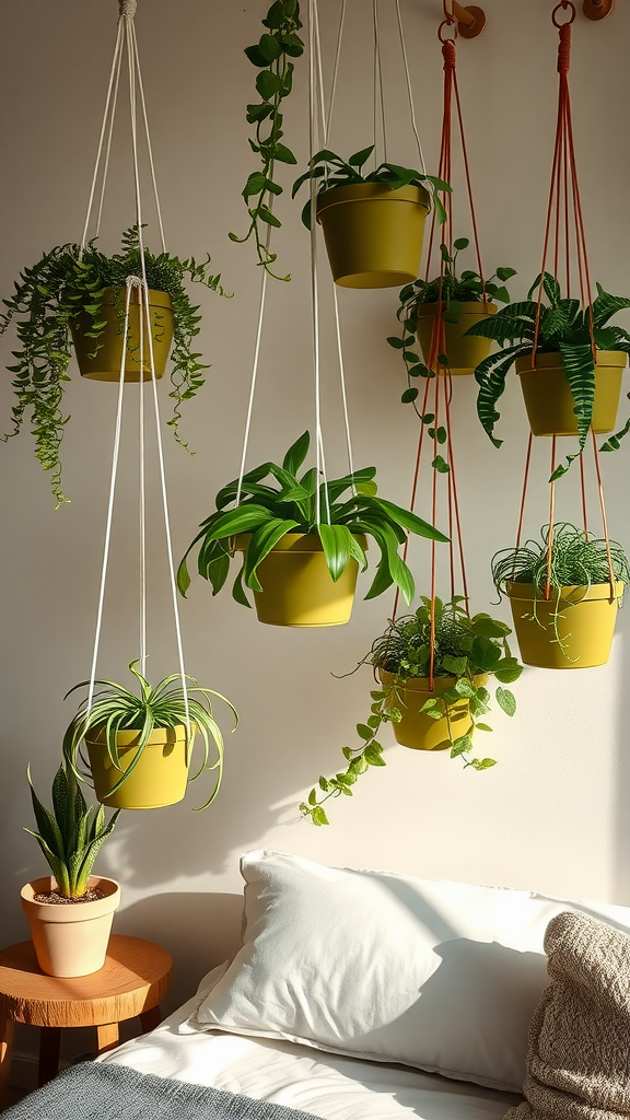 A cozy arrangement of hanging plants in olive green pots, complementing a comfortable bedroom setting.