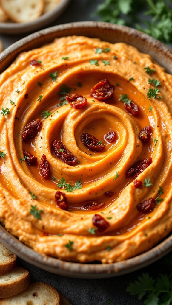 A creamy roasted garlic and sun-dried tomato dip served in a bowl, garnished with parsley and sun-dried tomatoes, with slices of bread on the side.