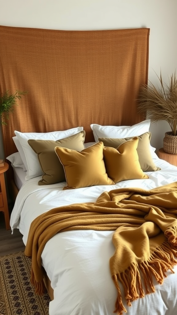 A cozy bedroom with layered textures, featuring olive green pillows and a warm-toned blanket.