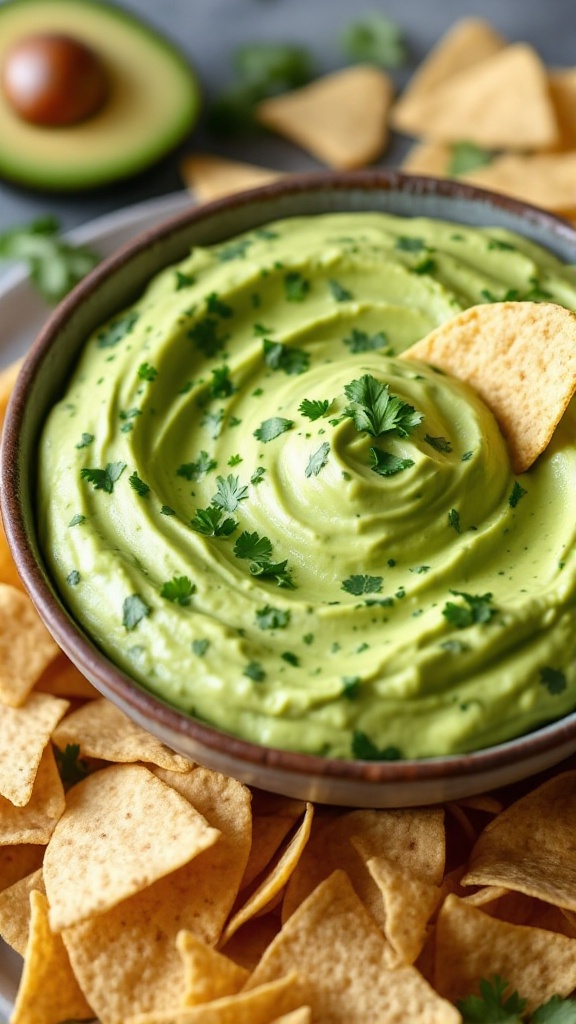 A creamy cilantro avocado dip in a bowl with tortilla chips surrounding it.