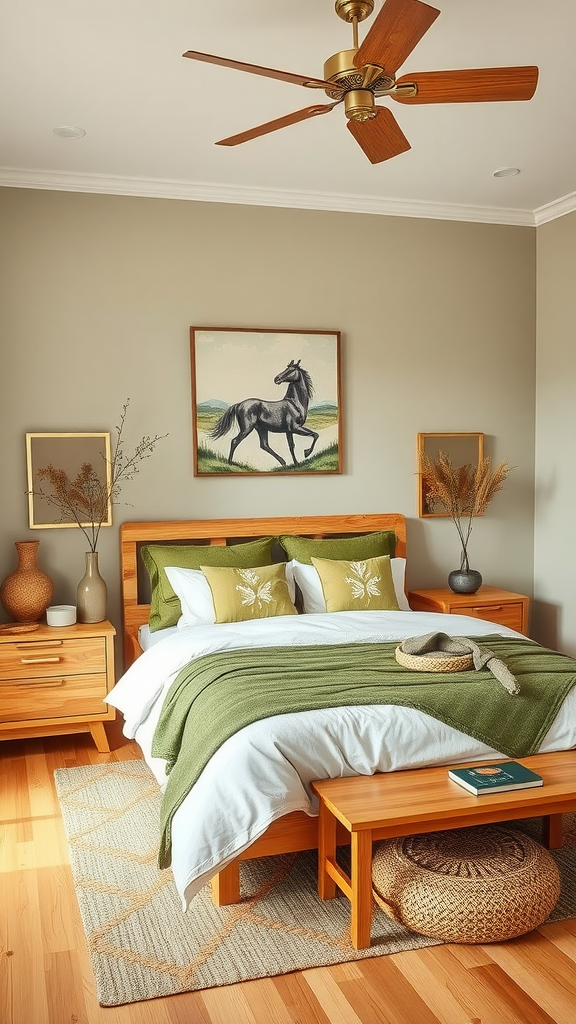 A cozy bedroom featuring natural wood furniture and olive green decor, with a bed, bedside tables, and decorative elements.