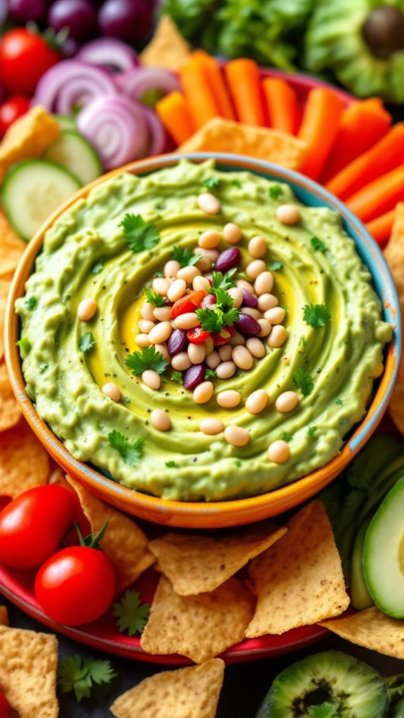 A bowl of creamy avocado and white bean dip surrounded by tortilla chips and fresh vegetables.