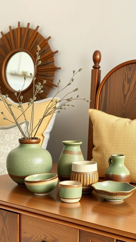 A collection of handcrafted olive green ceramics displayed on a wooden dresser.