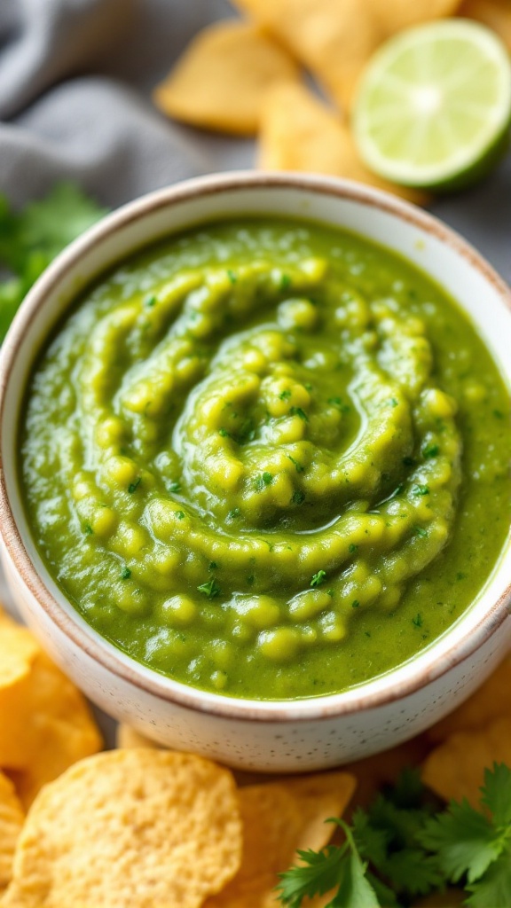 A bowl of salsa verde made with tomatillos, surrounded by tortilla chips and lime.